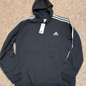 Adidas Men's Black Zip Up Hoodie with White Stripes